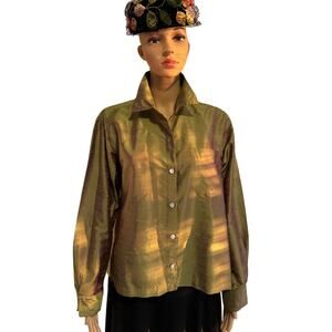Chico's Design Olive Green Iridescent Silk Button Up Shirt